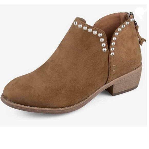 YDN Brown Studded Ankle Boot Almond Toe Block Low Heels V Cut Back Zipper Shoes - Picture 1 of 8